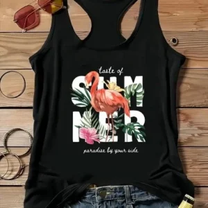 Flamingo & Letter Print Tank Top, Casual Sleeveless Top For Spring & Summer