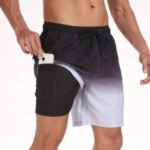 2-in-1 Double Layer Beach Shorts With Inner Pocket, Men's High Stretch Sports Drawstring Waist Elastic Shorts For Summer Swimming Workout. Black To Gray / L(36)