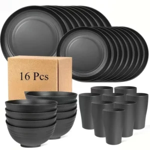 DINNER SET PLASTIC MAT BLACK 16PCS